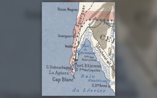 خريطة قديمة لشبه جزيرة الرأس الأبيض تظهر الكويرة (La Agüera) وبور إتيان، نواذيبو حالياً